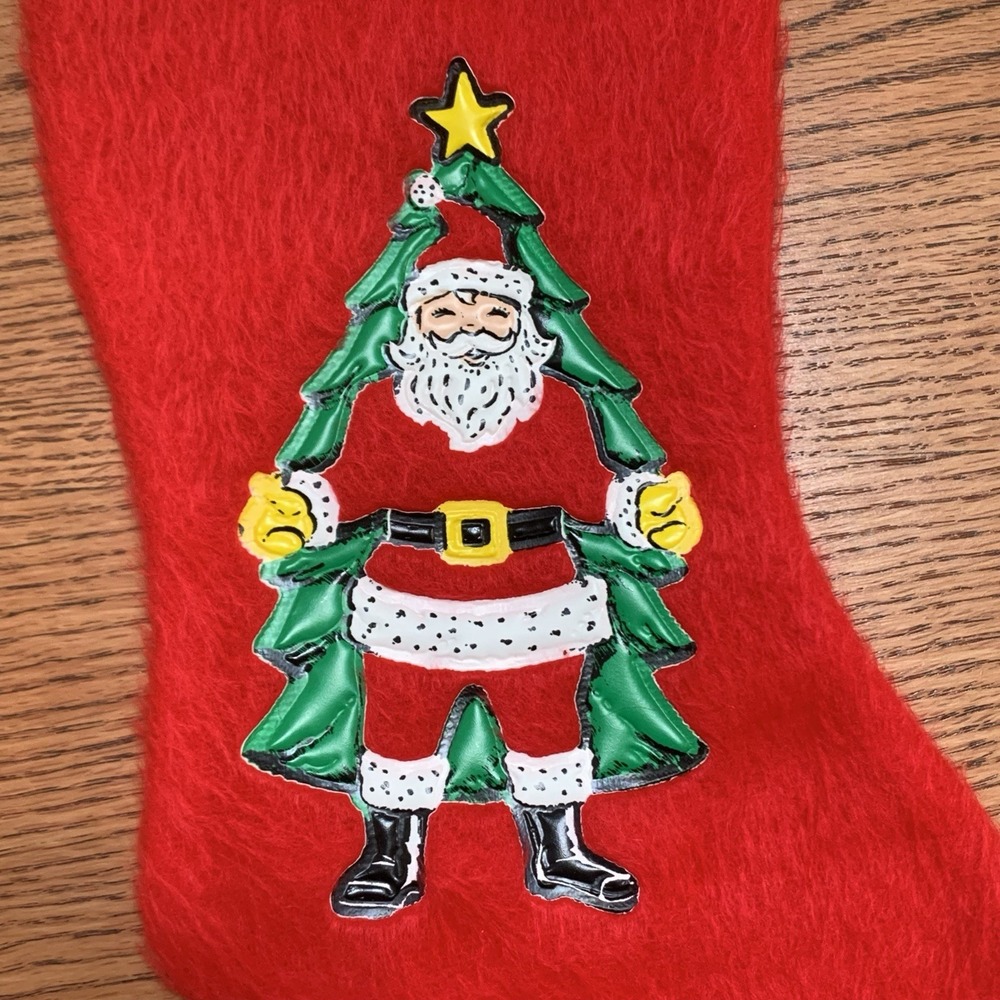 Vintage Christmas Stocking Santa & Tree Cloth & Puffy Plastic Vinyl   MCM Rare